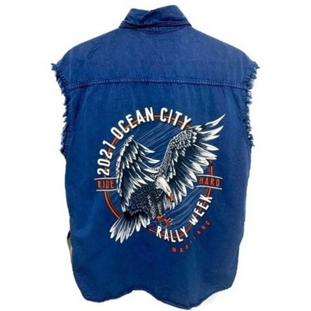Biker's Pride 2021 Ocean City Rally Week Sleeveless Denim Shirt Size M Blue Moto